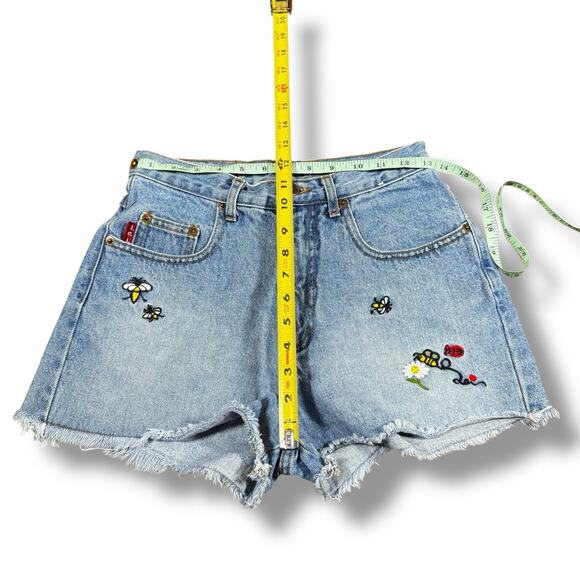 Vintage Y2K l.e.i. Denim Cutoff Shorts Bee Flower Embroidered Frayed Hem Size 7 - Picture 8 of 10
